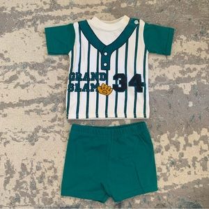 VTG Small Steps baby baseball outfit shirt boy girl teal 90s 80s